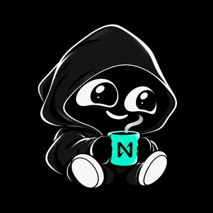 Nero, a small hooded character sipping from a NEAR mug